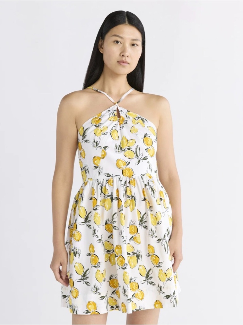 💛✨ Lemon Print Halter Fit & Flare Cotton Mini Dress
